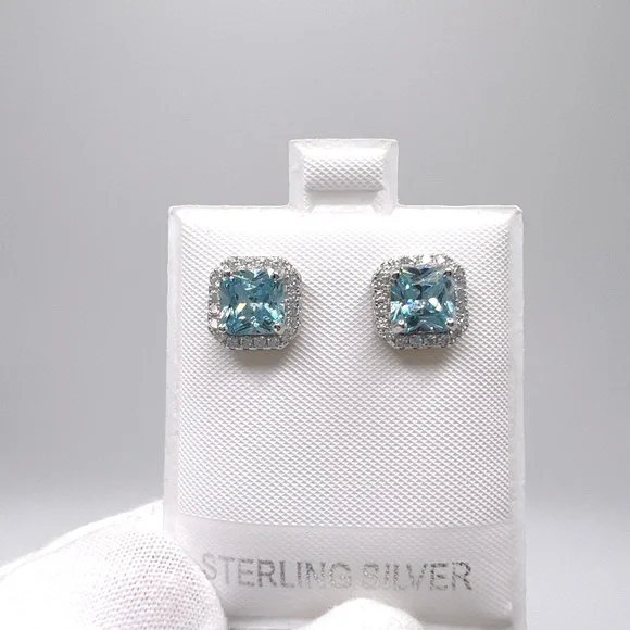 .925 Sterling Silver Halo Cushion Cut Simulated Aquamarine Cz Earrings - Picture 12 of 12